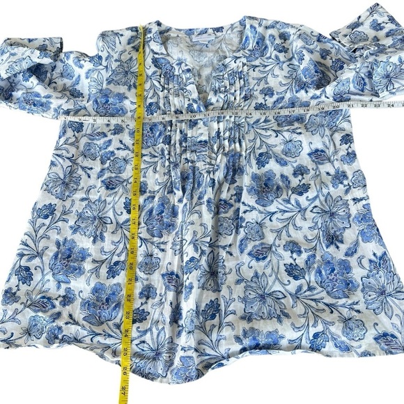 J. Jill Pintucked Printed Linen Popover White Mosaic Jacobean Bell Sleeves Small - Picture 8 of 10